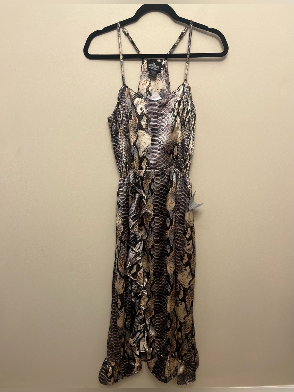 NWT Angie Snake Print Spaghetti Strap Midi Dress Women's Size Large Ruffle